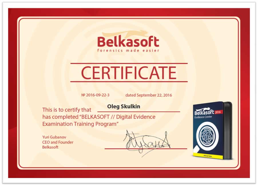 Belkasoft Digital Evidence Examination Certificate